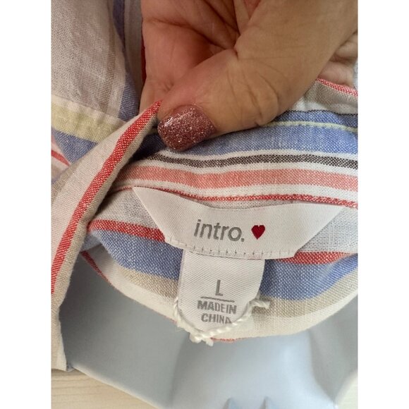 New Womens Large Linen Blend Multicolor Striped Button-Down Shirt Beach Resort - Picture 4 of 8